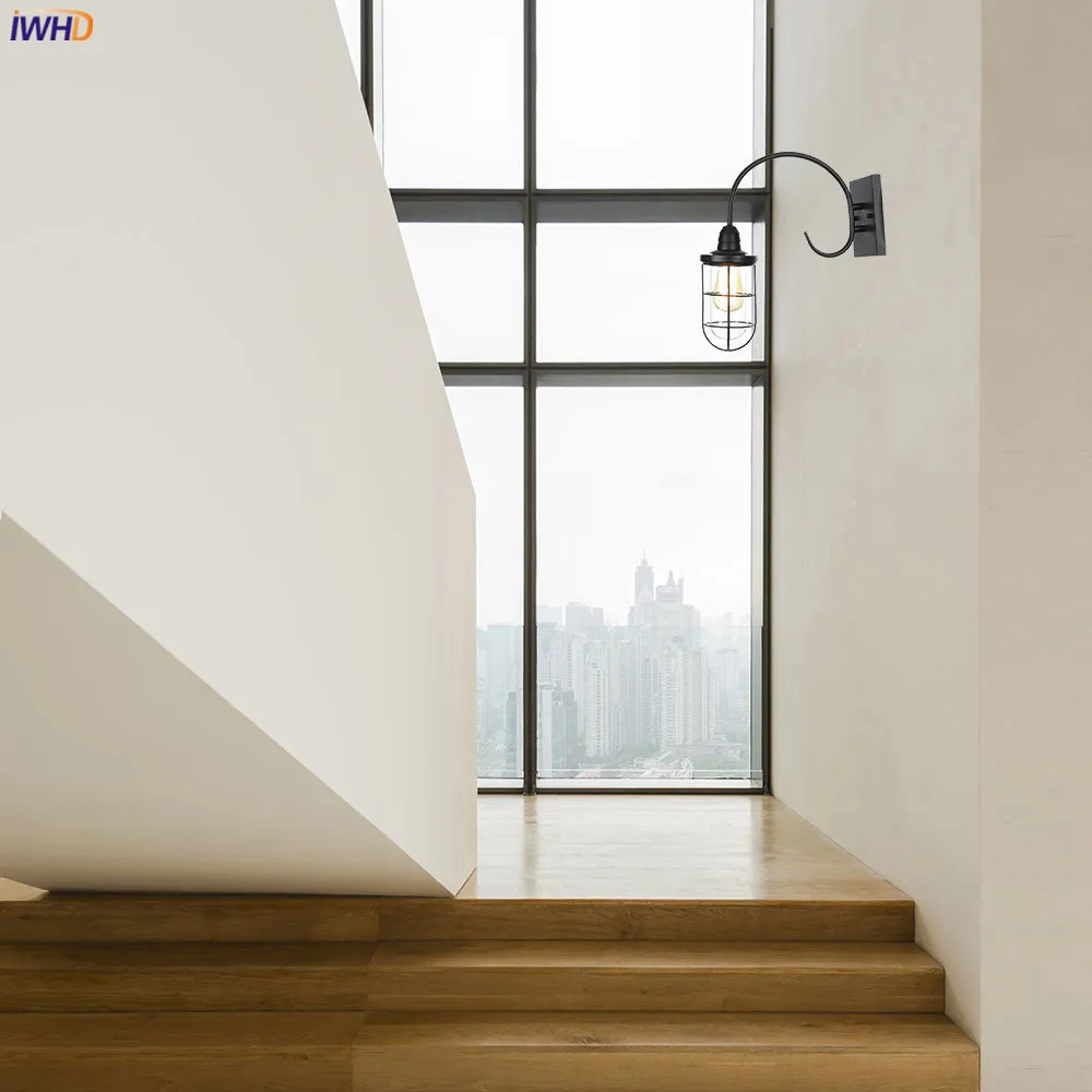 IWHD American Country Retro LED Wall Lights For Home Lighting Black Metal Bathroom Mirror Stair Light Glass Vintage Wall Lamp