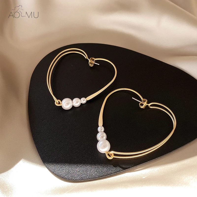 AOMU S925 Серебряные серьги с геометрическим сердцем и жемчугом, простые двухслойные металлические большие серьги-кольца для женщин и девушек, вечерние ювелирные изделия, аксессуары