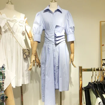 

Summer Dress for Woman New Temperament Lapel Solid Color High Waist Irregular Short Sleeve Shirt Dress Office Lady's Dresses