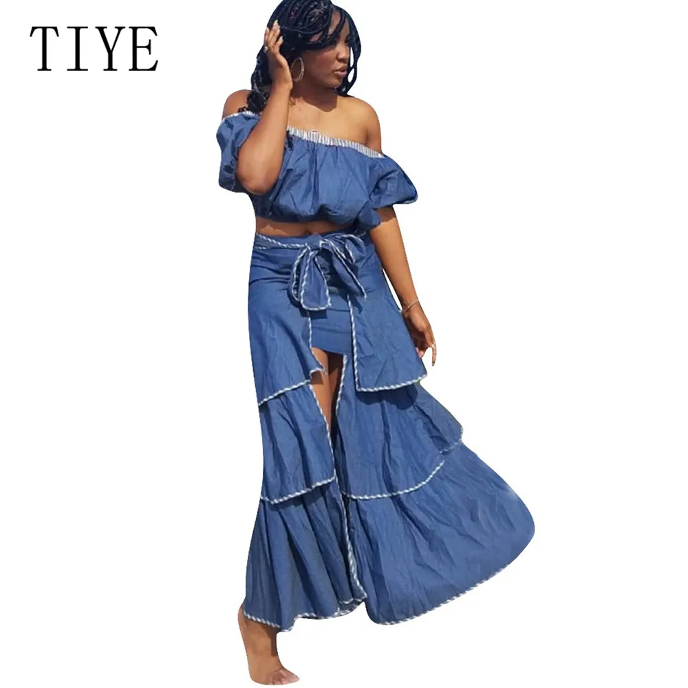 

TIYE Sexy Off Shoulder Lace-up 2 Pieces Sets Ladies Denim Dress Women Elegant High Split Maxi Loose Summer Hollow Out Vestidos
