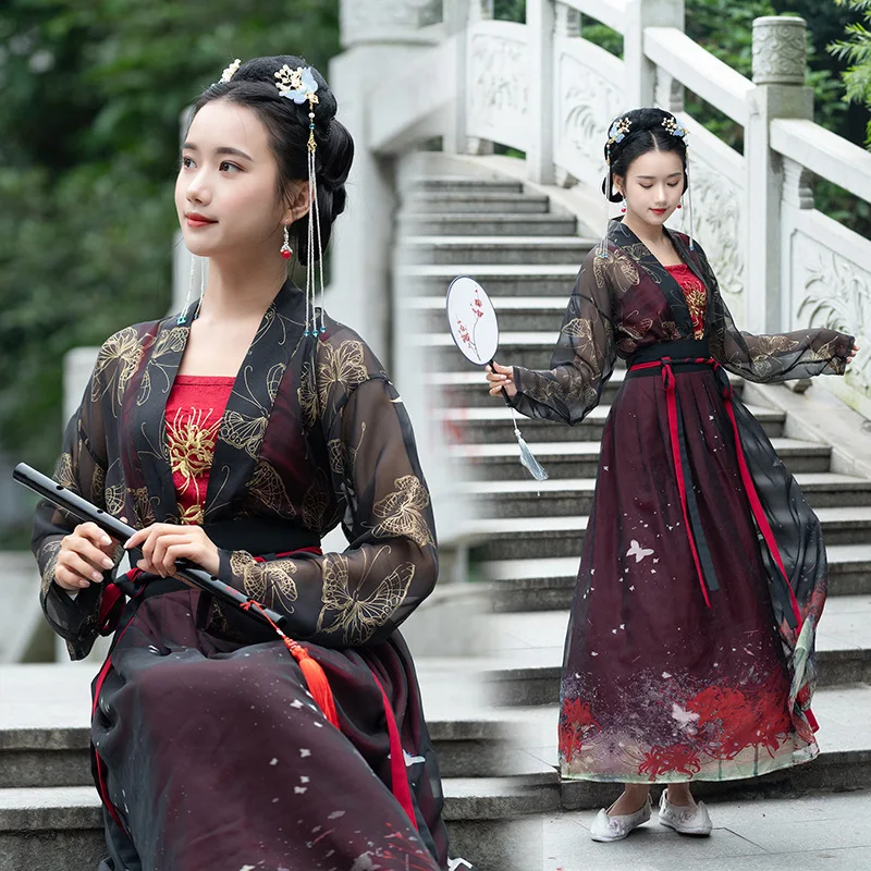

Chinese Traditional Dress Black Embroidery Hanfu Women Camisole Skirt 3 Pieces Set Chinese Kimono Japon Hanbok Haori Cosplay