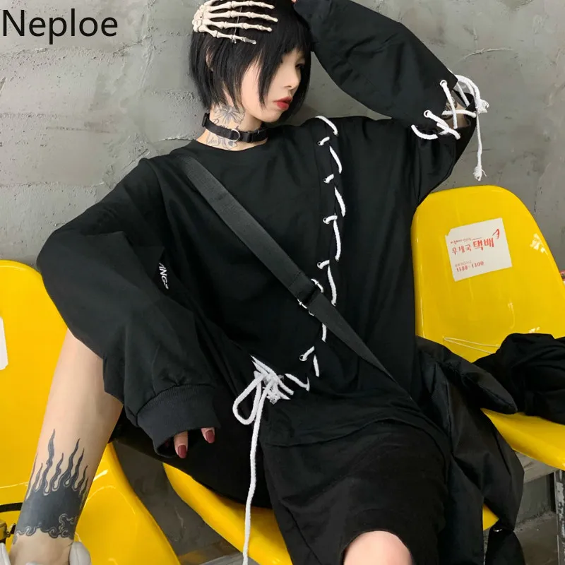 Neploe Harajuku Хип Хоп Уличная футболка оверсайз Топы для женщин пара шнуровка повязки Футболки Длинный рукав Лоскутная футболка