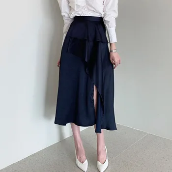 

Irregular Mid-Calf Long Skirt Women 2020 Korean Elegant Office Ladies Asymmetrical Silk Patchwork Split Party Skirts 3 Colors