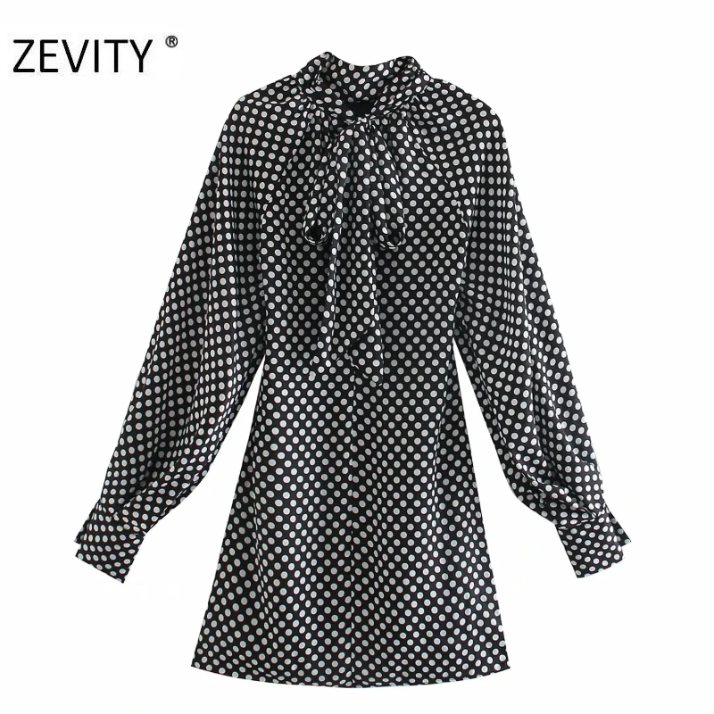 ZEVITY women vintage bow tied stand collar polka dots print mini dress female lantern sleeve casual vestidos chic dresses DS4426