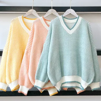 

2020 new fashionable all-around long sleeve V-neck Pullover thick needle Pullover Sweater loose large plate stripe knitwear