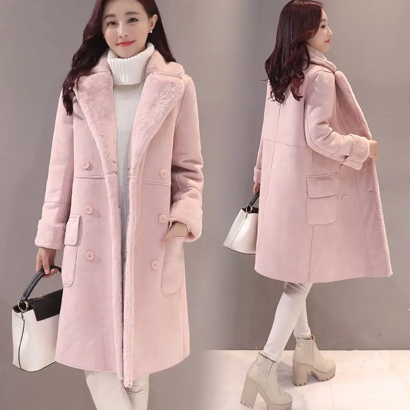 Пальто из овечьего меха, Женское зимнее длинное пальто, женское бархатное толстое замшевое пальто, корейское женское роскошное пальто с искусственным мехом, пальто размера плюс, верхняя одежда - Цвет: light pink