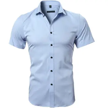 

Mens Luxury Casual Slim Fit Short Sleeve Formal Dress Shirts Bamboo Fiber Tops