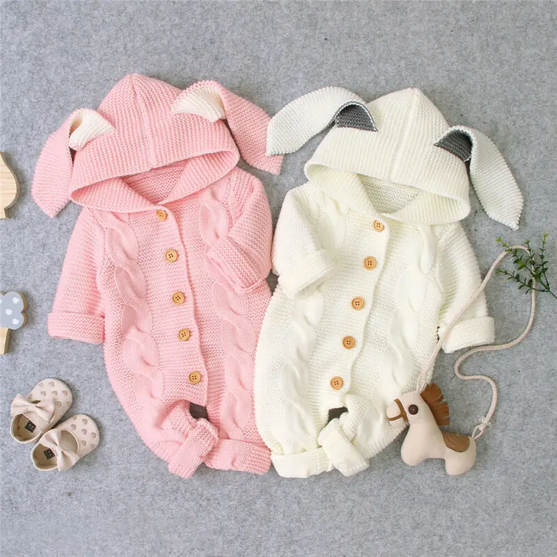 Imcute, коллекция года, комбинезоны унисекс для новорожденных мальчиков и девочек осенне-зимние теплые вязаные комбинезоны для мальчиков и девочек с кроличьими ушками и карманами, на возраст от 0 до 18 месяцев