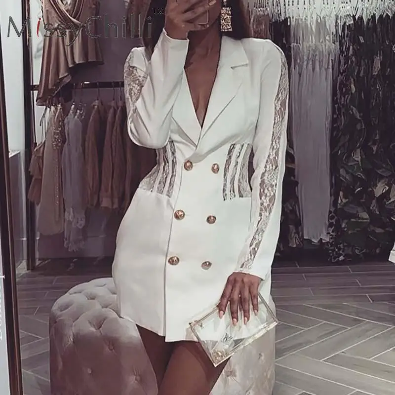 

MissyChilli Lace hollow out patchwork blazer dress Women white double-breasted autumn dress Female fashion winter party dress
