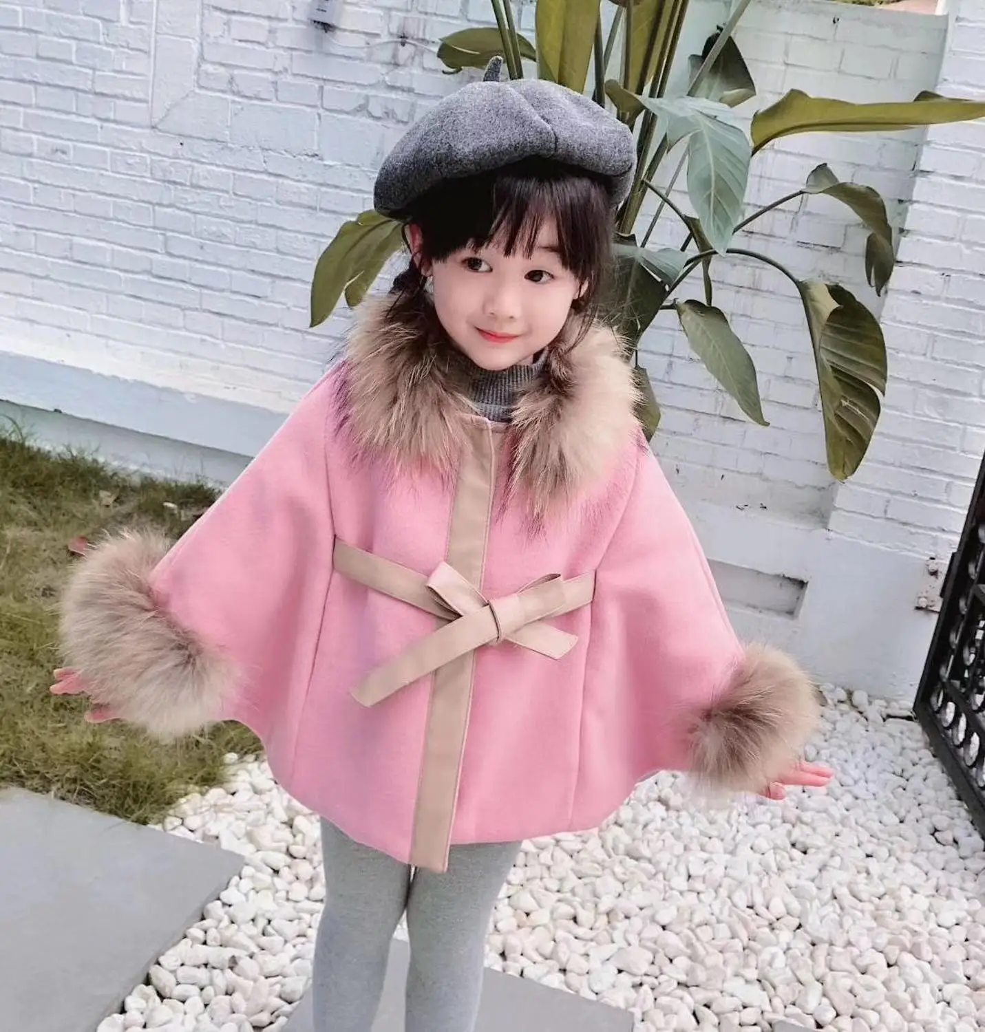 

Baby Girl Winter Red Pink Raccoon Woolen Cape Coat