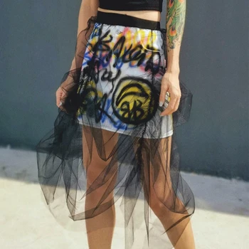 

L77street Color personalized graffiti skirt women's high waist mesh stitching half skirt autumn and winter was thin