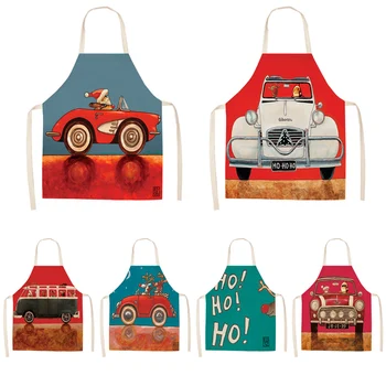 

Parent-child Kitchen Apron Christmas Cartoon Vehicle Printed Sleeveless Cotton Linen Aprons For Women Child Home Cleaning Tools