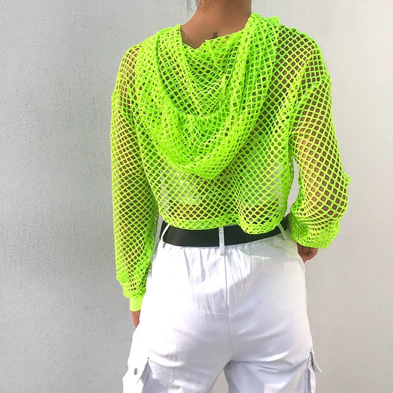 Neon Green Long Sleeve Mesh Crop Top 