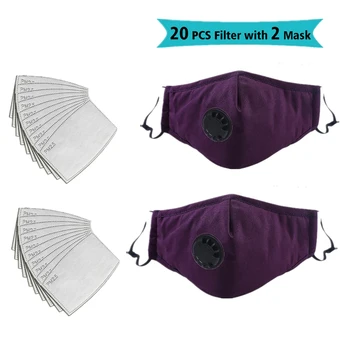 

2pcs Mouth Mask + 20PCS Filter Anti-pollution PM2.5 Mask Reusable Masks With Breathing Valve Washable Mouth Face Masks