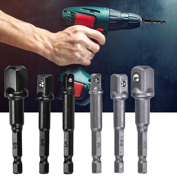 

6Pcs 1/4 3/8 1/2inch Drill Socket Adapter For Impact Driver With 1/4" Hex Shank To Square Socket Drill Bits Bar Extension Set