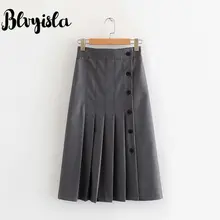 Blvyisla, сексуальная женская серая плиссированная юбка средней длины с высокой талией, Женская однобортная юбка на пуговицах с эластичной резинкой на талии