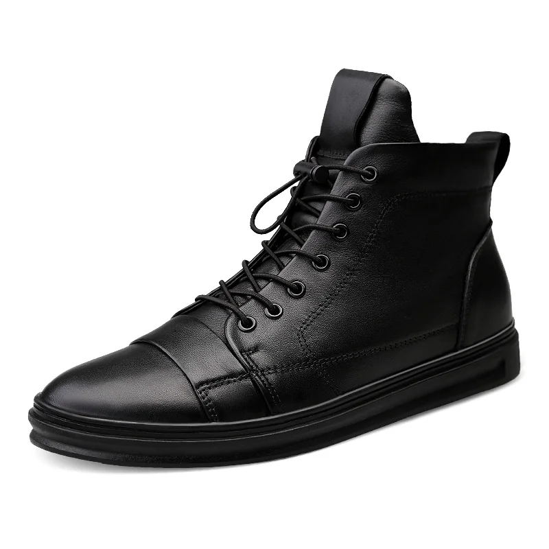 Большие Size38-48; сезон весна-осень-зима; Теплая обувь; мужская повседневная обувь из натуральной кожи с высоким берцем; мужские модные кроссовки на плоской подошве со шнуровкой; коллекция года - Цвет: Black