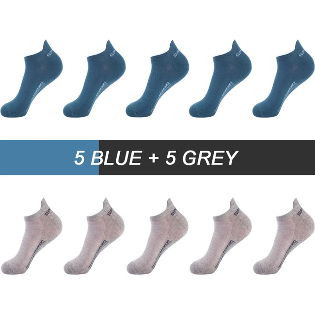 10Pairs High Quality Men Ankle Socks Breathable Cotton Sports Socks Mesh Casual Athletic Summer Thin Cut Short Sokken Size 38-44 5 Blue 5 Grey