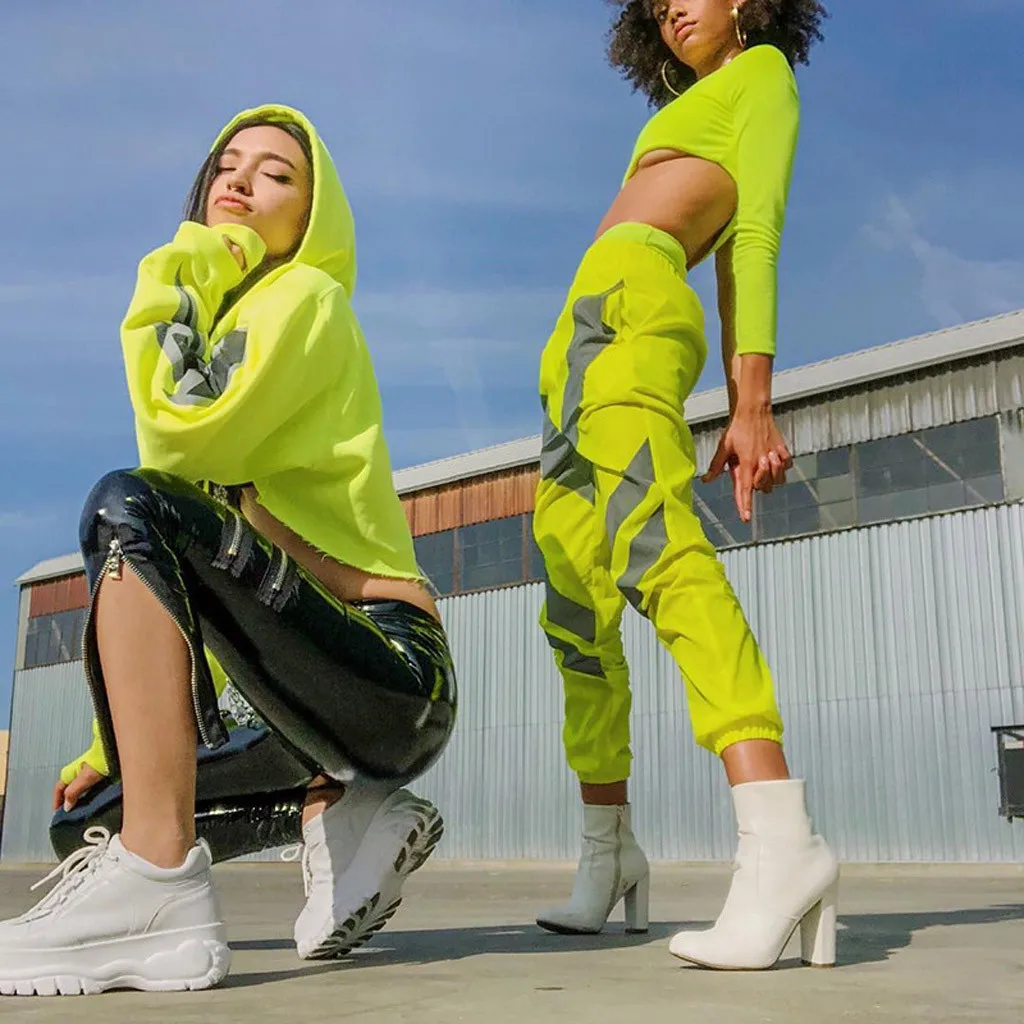 

Reflective Light Hoodies Bright Drop Shoulder Neon Green Solid Crop Pullover Women Sexy Basics Highstreet Crop Sweatshirt Tops