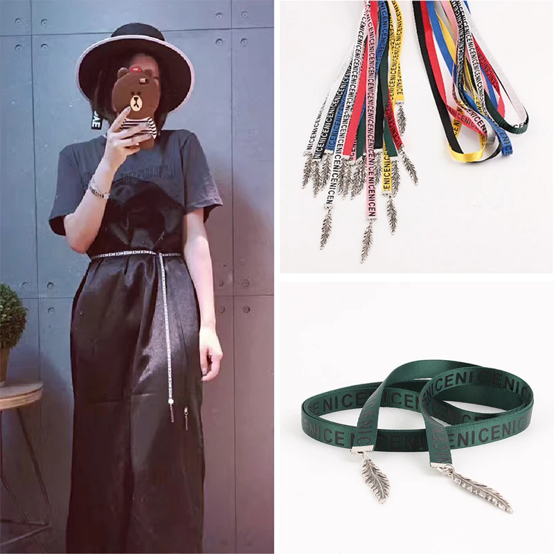 New women's belt Canvas belt lady Wild dress waist chain knotted Extra long thin belt letter Metal leaf decoration Multicolor