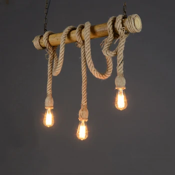 

Loft industrial pendant light cafe restaurant living room dining room kitchen lamp 3 heads rope bamboo light vintage headlight