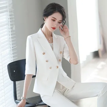 

2020 Spring Women Pants Suits Professional Office Ladies Businesstemperament Half Sleeve Blazer Pants Work Wear Big Size