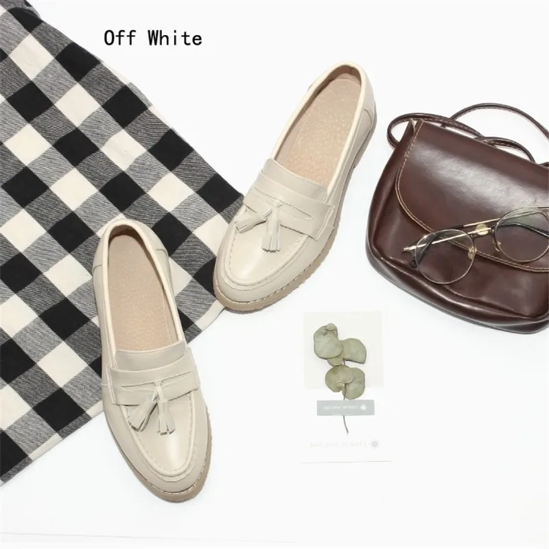 Spring Autumn New Pedal Genuine Leather Loafers Shoes Women British Polished Flat Tassel Oxford Shoes For Woman Large Size 32-43