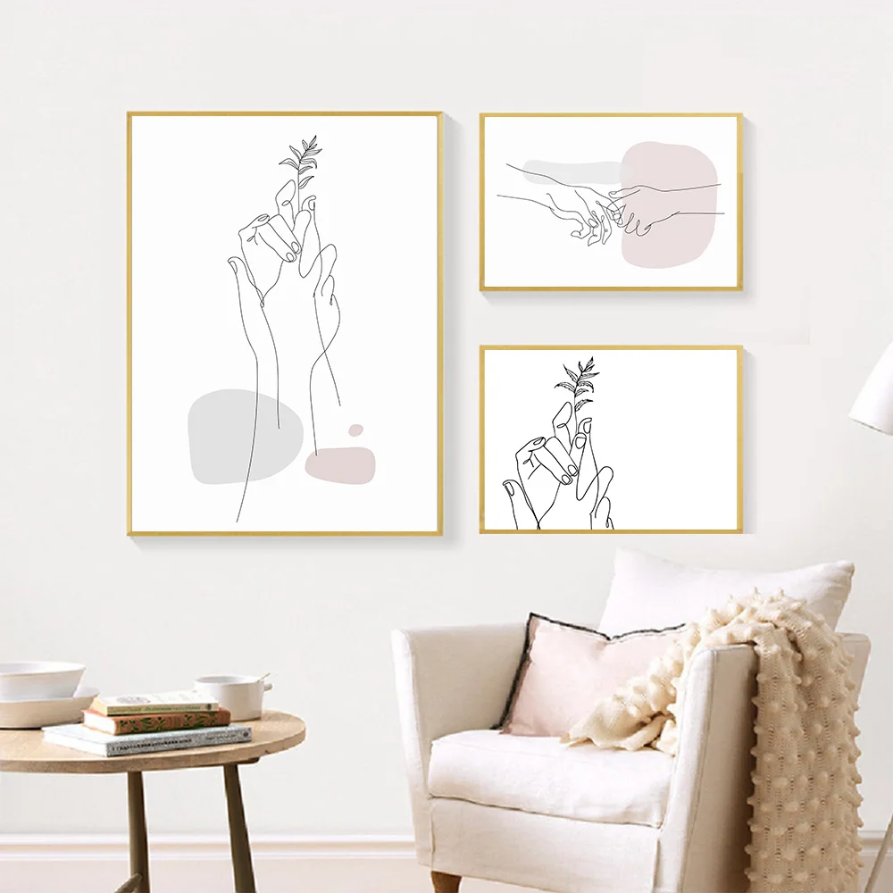 Romantic Hand In Art Poster Abstract Line Drawing Canvas Print Drawn Leaf Wall Painting Couples Picture Home Decor | Дом и сад