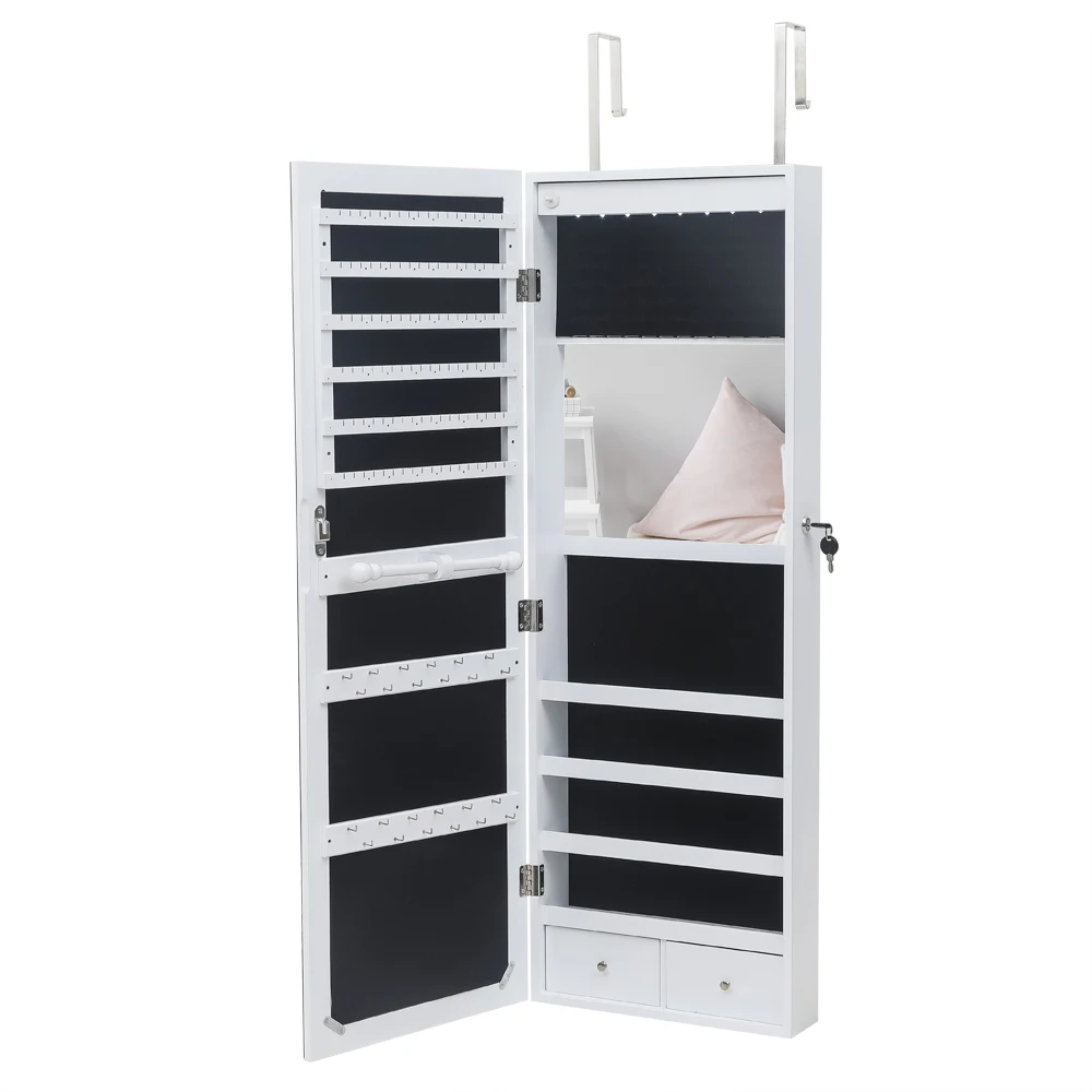 

Full Body Makeup Mirror Jewelry Storage Cabinet Wall-Mounted 4-Layer Shelf 2 Drawer With Inner Mirror 8 Blue LED White[US-Stock]