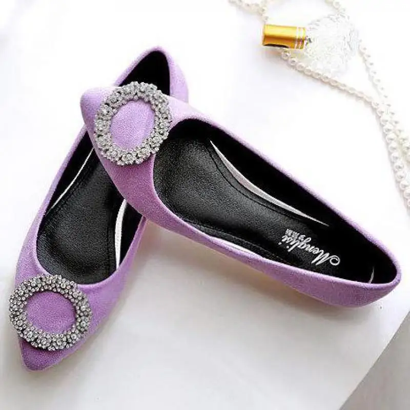 

35~43 Women Pink Suede Crystal Flat Shoes Rhinestones Buckles Pointed Toe Loafers Ladies Slip On Shallow Comfortable Single Shoe