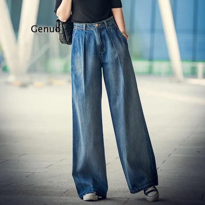 Jeans Women's Wide-Leg Jeans 2021 Y2K Streetwear High Waist Vintage Trousers Casual Simple Blue Buttons Straight Denim Long Pant new flare jeans women 2021 y2k high waist slim fit jeans vintage wide leg pants stretch denim trousers trendy ladies jeans