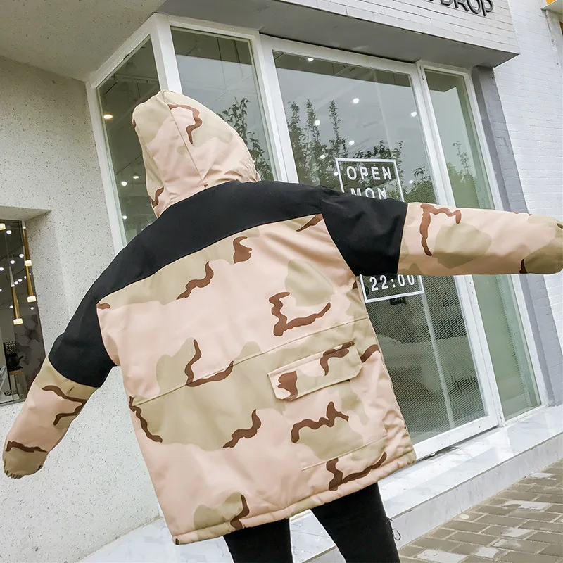 Y9079 Harajuku колледж Стиль камуфляж с капюшоном смешанные цвета Толстая хлопковая стеганая одежда зима