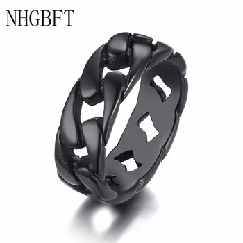 

NHGBFT 7mm wide Black color Stainless steel ring for men Hollow Chain shape Ring punk jewelry Dropshipping