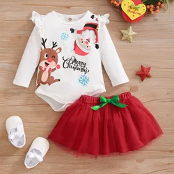 Vêtements pour bébés filles, ensemble 2 pièces, barboteuse + jupe en dentelle, manches longues, à volants, imprimé noël 