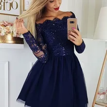 Элегантное платье для выпускного вечера ТРАПЕЦИЕВИДНОЕ/платье принцессы из тюля с аппликацией с открытыми плечами и длинными рукавами Короткие/Мини Вечерние платья для выпускного вечера