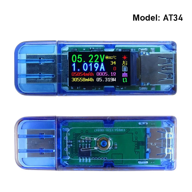 AT34 USB3.0 ips HD цветной экран USB тестер Напряжение Ток емкость энергии эквивалентное сопротивление тестер температуры