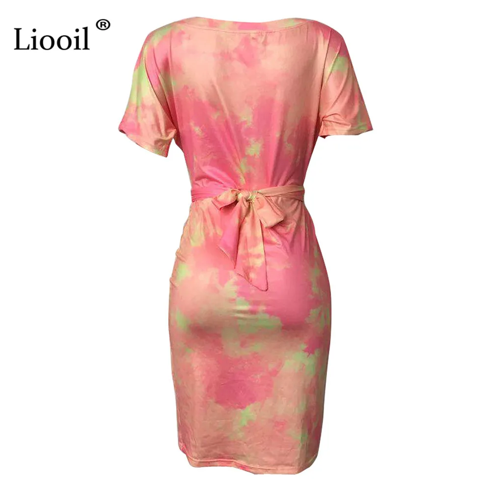 Liooil Tie Dye сексуальное облегающее платье миди для женщин летние платья с коротким рукавом на шнуровке с высокой талией женские вечерние платья для ночного клуба