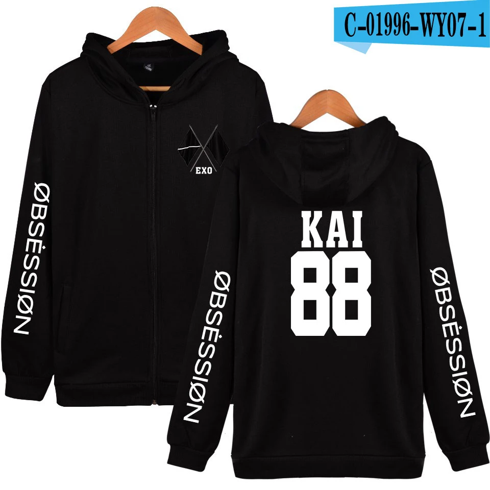 Frdun Tommy KPOP EXO Sixth Album OBSESSION X-EXO Print Zipper Hoodies Sweatshirt Women/men Fashion Hoodies Zippers - Цвет: picture color