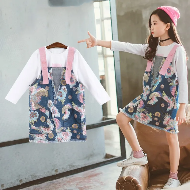 

Childrenswear Girls Spring And Autumn Suspender Skirt Set 2018 Big Boy Korean-style New Style Printed Skirt T-shirt Two-Piece Se