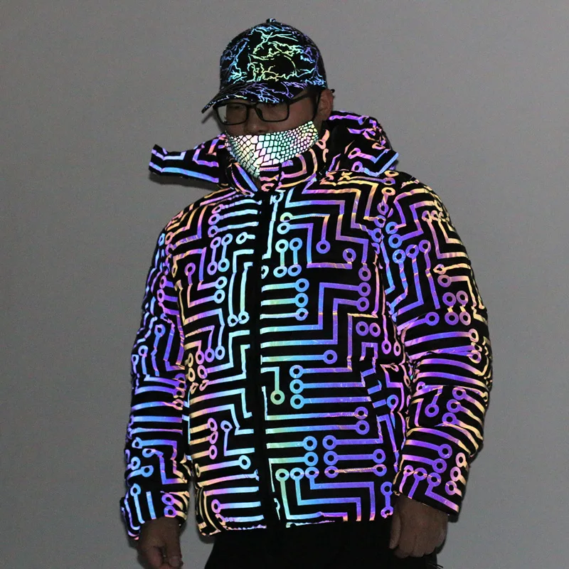 Men Clothing Winter Coat Laser Colorful Circuit Pattern Reflective Coat Japanese Trend Men's Large Size Loose Thick Coat