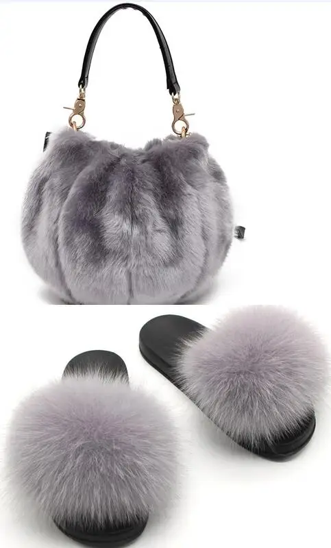 Women's Casual Plush Slippers Bag Set Ladies Pumpkin Cute Furry bag Real Fox Fur Slippers Set Elegant Dating Fluffy Slides Purse - Цвет: Set 2