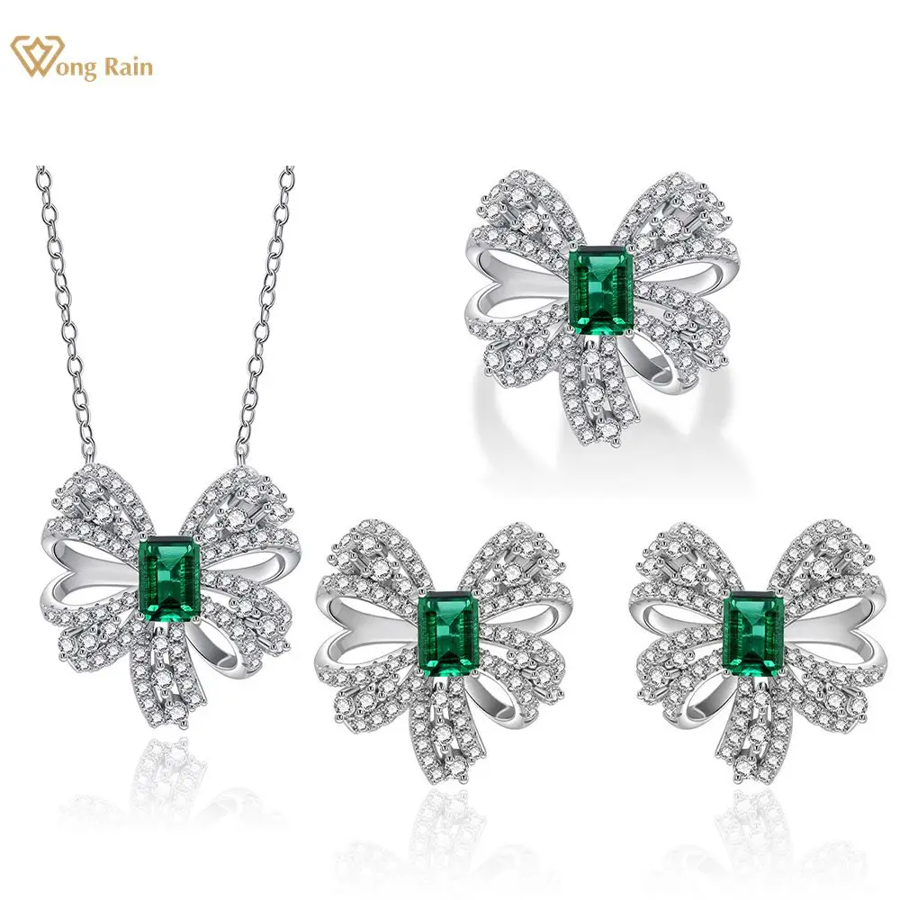 Wong Rain 925 Sterling Silver Created Emerald Gemstone Earrings/Pendant/Necklace/Rings/Bracelets Wedding Jewelry Sets Wholesale | Украшения