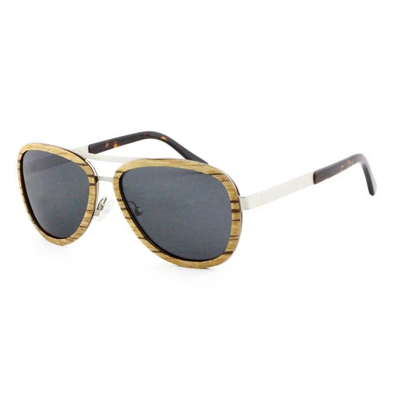 

Dropshipping Polarized Men Custom Logo Promotion Pilot Metal Steel Acetate Temple Wood Laminated Zebra Sunglasses