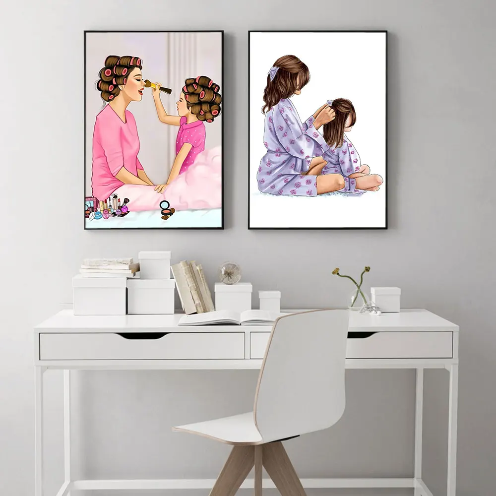 

Lovely Painting Mother and Daughter Family Time Poster and Prints Make Up Each Other Painting Decor for Home Frame