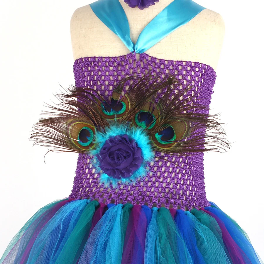 Peacock Tutu Costume Dress Child Girls Pageant Prom Ball Gown Princess Peacock Feather Halloween Birthday Party Train Dress (6)