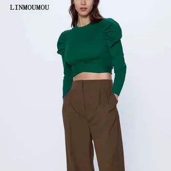 

Women's fashion new solid color sweater round neck puff sleeve sweater slim short hem cross irregular sweater