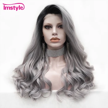 

Imstyle Ombre Synthetic Lace Front Wig Grey Wig Black Root Natural Wavy Wigs For Women Heat Resistant Fiber Hair Cosplay Wig