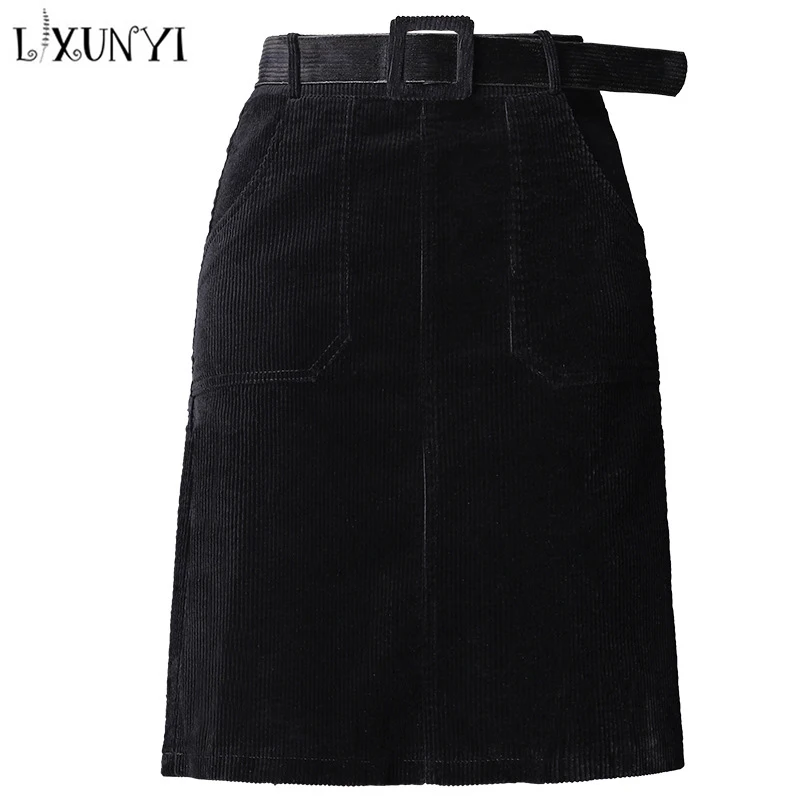 Lxunyi Women Corduroy Skirt Autumn Winter Office Ladies Formal Work Pencil Skirts with Belt Vintage Cotton Skirt Large Size