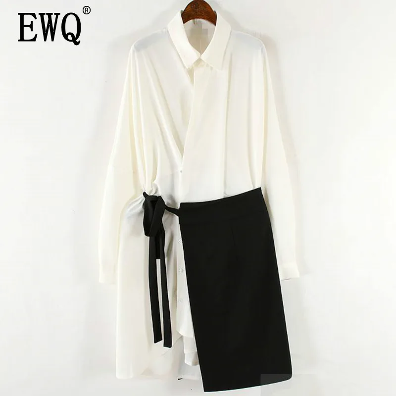 

[EWQ] 2019 Spring Autumn New Pattern Turn Down Collar long sleeve Two Piece Set Casual Shirt Dress Women Fashion Tide AH50300
