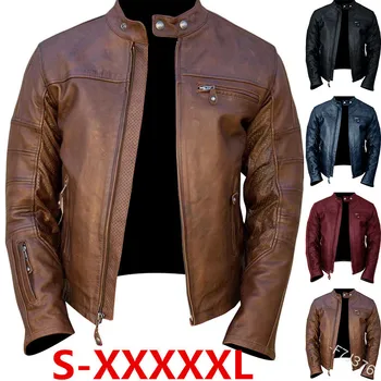 

WEPBEL Men Fashion PU Leather Jacket Men's Slim Cropped Jacket Zipper Round Neck Jacket Full Sleeve Autumn Winter